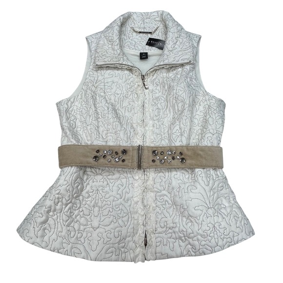 White House Black Market Jackets & Blazers - White House Black Market Quilted Vest Small Ivory Embroidered Bling Belt NWT